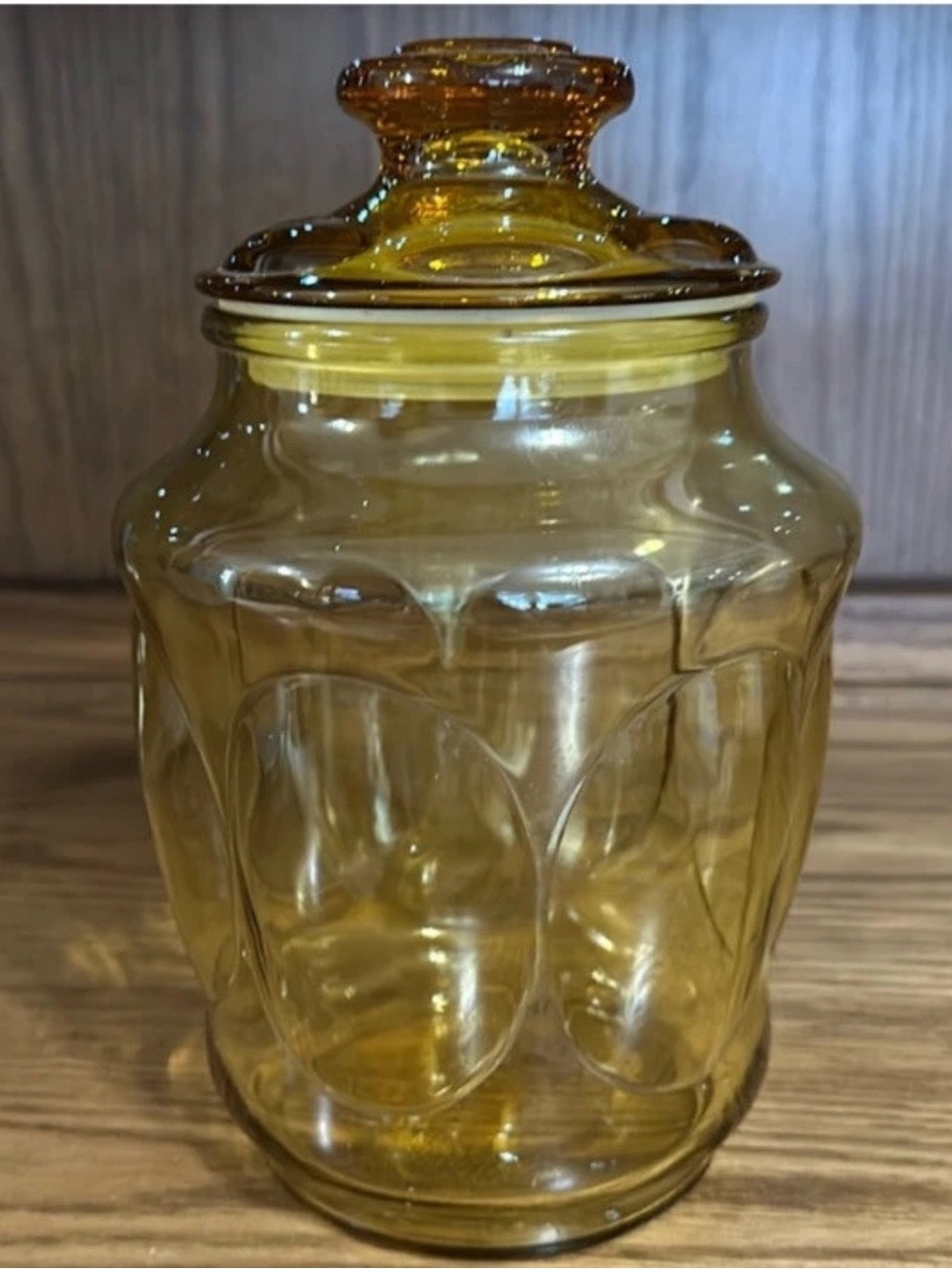 Amber Glass Canister Jar Lid Anchor Hocking LE Smith Bubble Thumbprint 9x6 Vtg